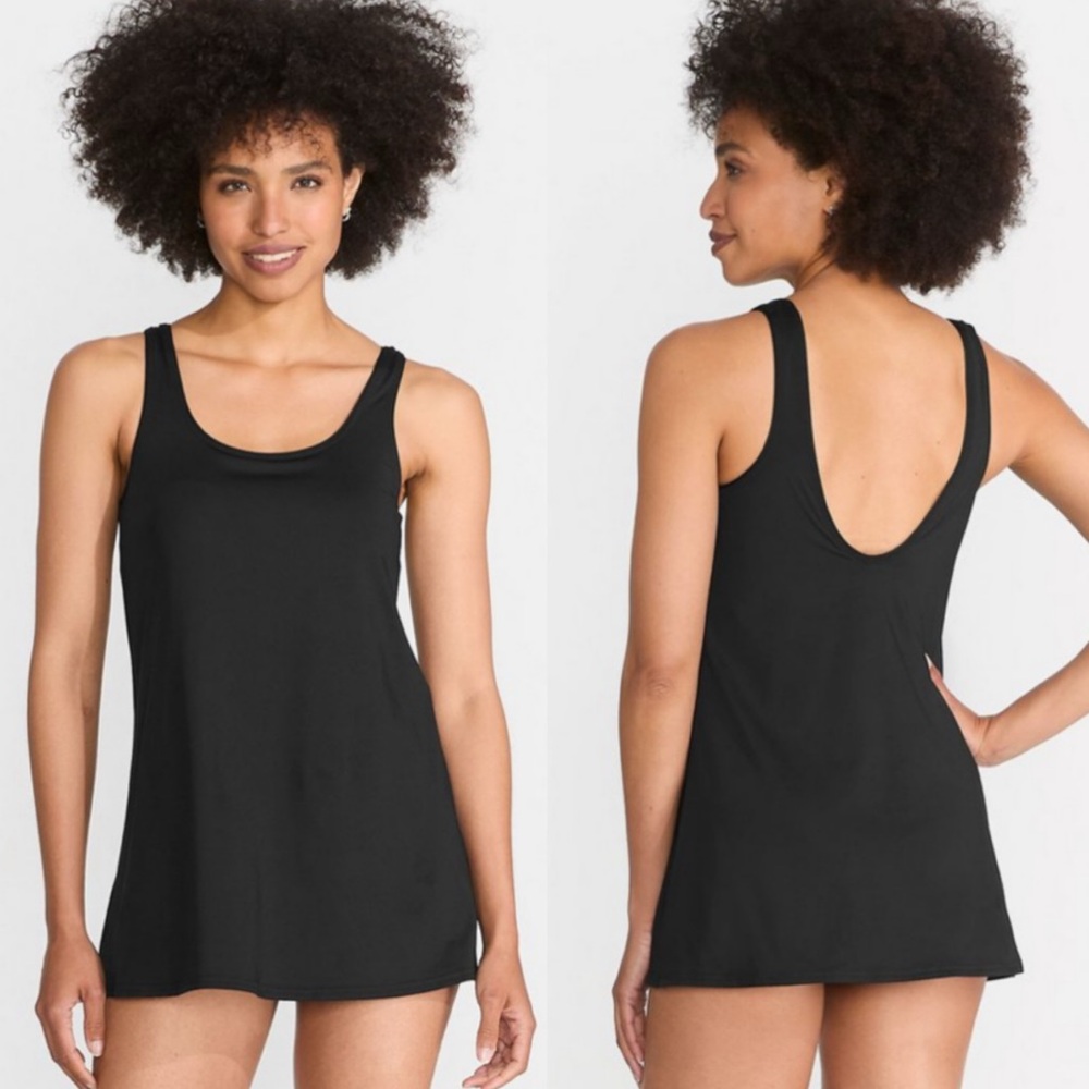Lands End Womens Scoop Neck Mini Swim Dress Swimsuit Black Minimalist M Modest